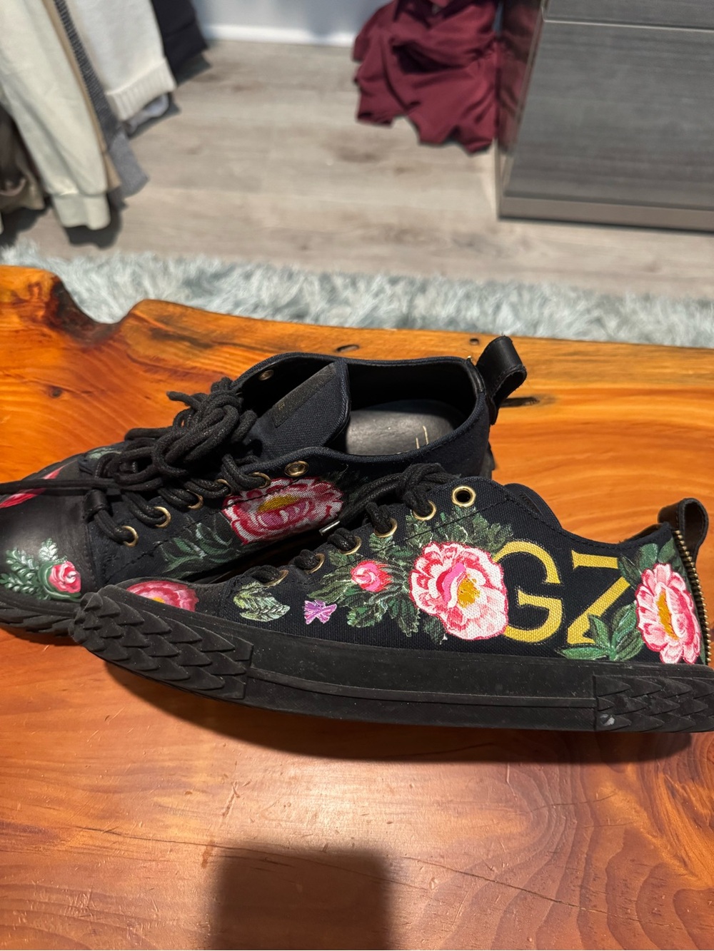 Giuseppe Zanotti x SWAE LEE Black Sneakers with Pink Floral Embroidery